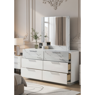 Sunvega White Lacquer Dresser with Six Smooth-Glide Drawers and Marble Accents