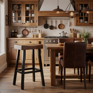 Sunvega Set of Two Brown Saddle Seat Stools with Black Rubberwood Frame