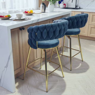 Sunvega Set of 2 Blue Suede Woven Swivel Bar Stools with Golden Legs and Footrest