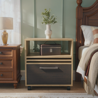 Sunvega Contemporary Light Oak and Black Nightstand with Caster Wheels