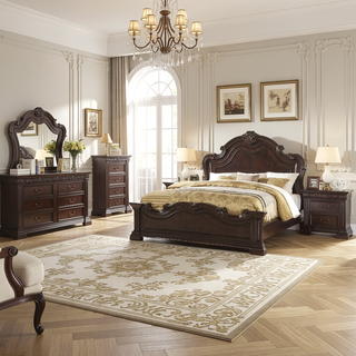 Sunvega Traditional Dark Cherry Bedroom Nightstand with 2 Drawers and Solid Wood Carvings