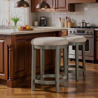 Sunvega Set of 2 Counter Height Stools with Round Polyester Seat and Gray Wood