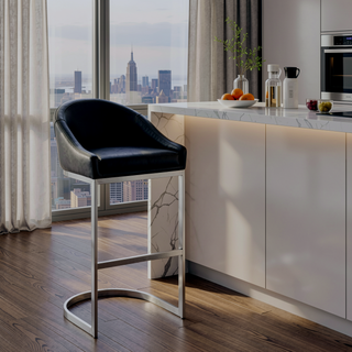 Sunvega Brushed Stainless Steel Bar Stool with Black Faux Leather Upholstery