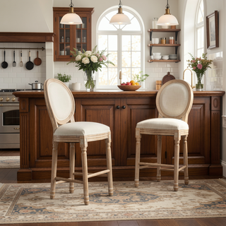 Sunvega French Style Solid Wood Frame Linen Fabric Oval Back Dining Chairs Set of 2