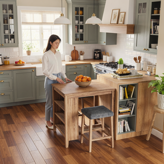Sunvega 3-Piece Counter Height Table Set with Oak Finish and Upholstered Stools