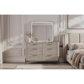 Sunvega Taupe 6 Drawer Dresser with Reeded Fronts and Metal Accent Base
