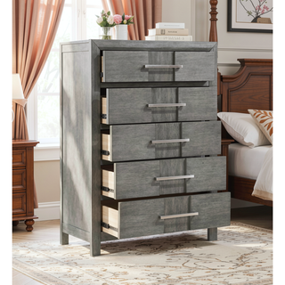 Sunvega Modern Gray Wood 5-Drawer Chest with Silver Handles for Bedroom