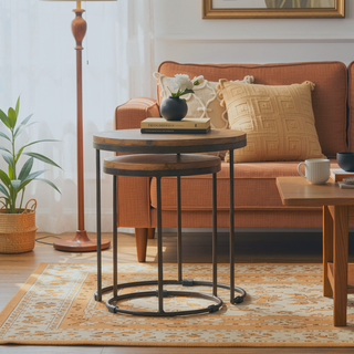 Sunvega Solid Mango Wood Round Stool Set with Iron Base and Oak Finish