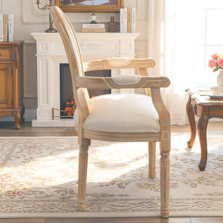 Sunvega French Style Solid Wood Frame Linen Fabric Oval Back Dining Chairs Set of 2