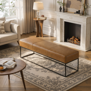 Sunvega Teak Wood Leather Bench with Metal Base and Padded Seat