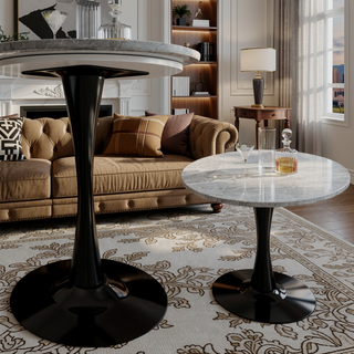 Sunvega Round White Pedestal Side Table with Marble Effect Top for Living Room