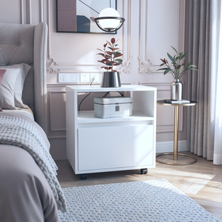 Sunvega White Nightstand with Drawer and Casters for Bedroom or Living Room