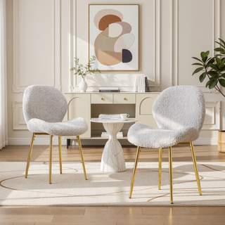 Sunvega Modern Minimalist White Teddy Velvet Dining Chairs Set of 2 with Gold Metal Legs