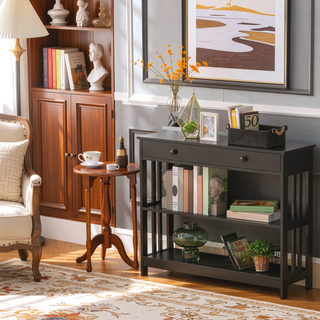 Sunvega Extra Wide Pull Out Drawer Console Table with Slatted Wood Frame Design