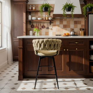 Sunvega Technical Leather Woven Bar Stool Set of 2 with 360 Swivel and Backrest
