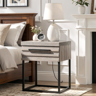 Sunvega Modern Weathered Gray Ash Wood Nightstand with Black Metal Base