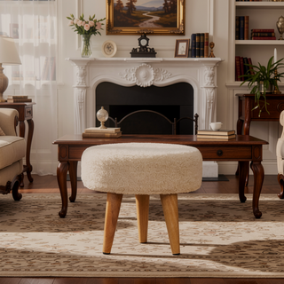 Sunvega Solid Mango Wood Legs with Cream Boucle Upholstered Petite Footstool