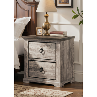 Sunvega Contemporary Rustic Gray Two-Tone Finish Nightstand with Two Drawers and Metal Knobs
