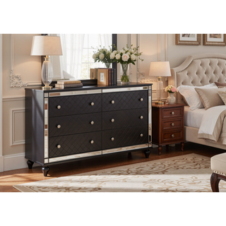 Sunvega Traditional Six-Drawer Dresser with Mirror Accents and Gray Finish