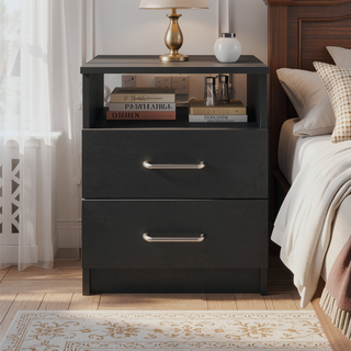 Sunvega Modern Nightstand with Two Drawers and Top Shelf for Bedroom or Living Room