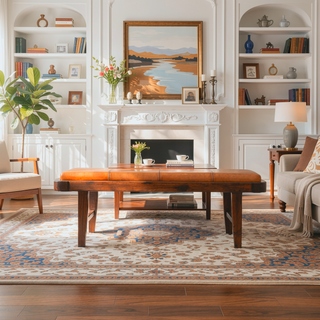 Sunvega Maddox Mid-Century Modern Upholstered Bench with Tan Leather and Teak Wood Legs