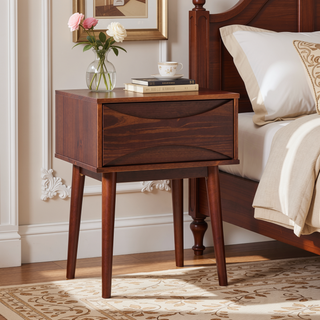 Sunvega Mid-Century Modern Walnut Nightstand with Curved Drawer and Tapered Legs