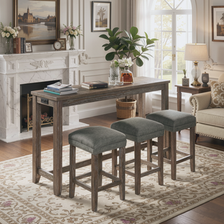 Sunvega Transitional Antique Blue and Gray Finish Dining Table Set with USB Outlet