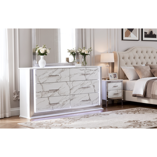 Sunvega Marble Patterned Dresser with Six Spacious Drawers and Sleek White Finish