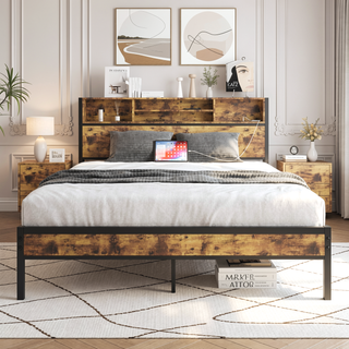 Sunvega Twin Size Bed Frame with Storage Headboard, Charging Station, and Bookcase