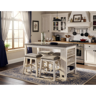 Sunvega Antique White and Rosy Brown Wooden Counter Height Table with Built-in Shelves
