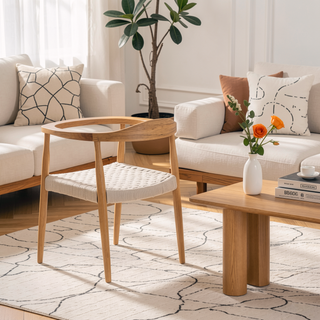 Sunvega Mid-Century Modern Club Chair with Ash Wood Frame and Flat Rope Weave