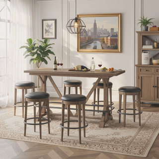 Sunvega Pecan Brown Bar Height Trestle Table with Casual Style for Dining Room