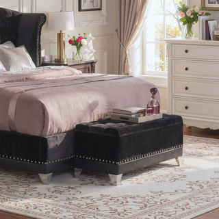 Sunvega Black Tufted Storage Trunk with Nailhead Trim and Metallic Legs