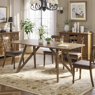 Sunvega Walnut Oak Geometric Cross Base Rectangular Dining Table for 6