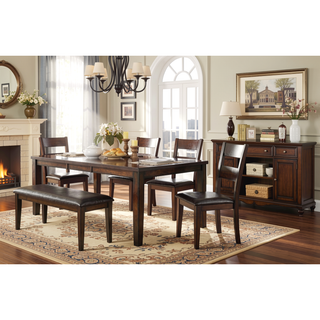 Sunvega Cherry Finish Wood Frame Bench with Dark Brown Faux Leather Upholstered Seat