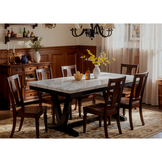 Sunvega Modern White Faux Marble Rectangular Dining Table with V Shape Trestle Base