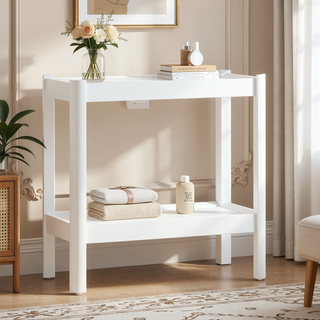 Sunvega White Modern Nightstand with Two Spacious Shelves and Rounded Corners