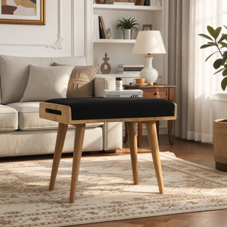Sunvega Black Upholstered Velvet Tray Style Footstool in Timeless Light Brown