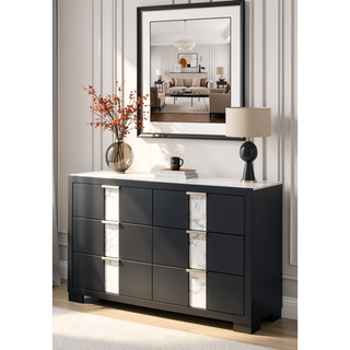 Sunvega Black and White Finish Nightstand with Two Drawers and Metal Knobs