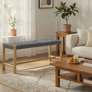 Sunvega Acacia Wood Woven Rope Cording Bench for Outdoor and Indoor