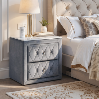 Sunvega Gray Fabric Upholstery Nightstand with Faux Marble Top and Two Drawers