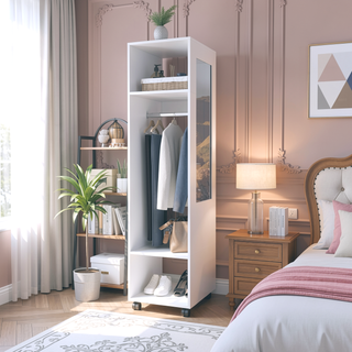 Sunvega Freestanding Wardrobe with Mirror, Shelves, Hanging Rod and Casters for Bedroom