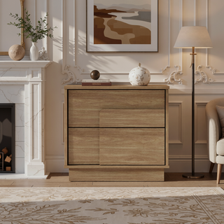 Sunvega Modern Whitewashed Oak Nightstand with Two Push Open Drawers for Bedroom