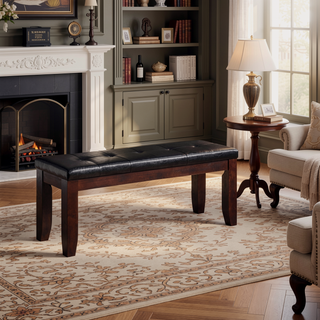 Sunvega Transitional Cherry Finish Wood Dining Bench with Padded Black Synthetic Leather Seat