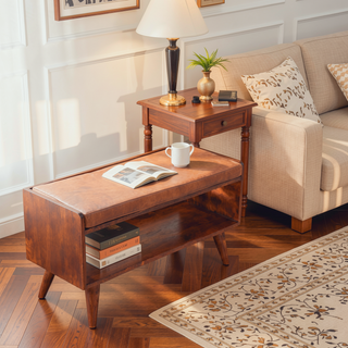 Sunvega Solid Mango Wood Chestnut Finish Bench with Brown Leather Seat Pad