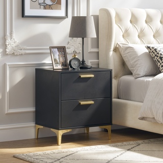 Sunvega Black and Gold 2-Drawer Nightstand with Spacious Storage and Metallic Accents