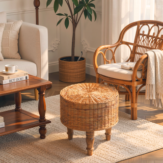 Sunvega Handcrafted Brown Solid Wood Regency Round Woven Stool