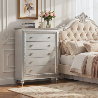Sunvega Champagne Finish Nightstand with Crystal Accents and Felt-Lined Drawers