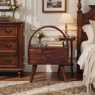 Sunvega Solid Mango Wood Chestnut Bedside Table with Drawer and Open Slot
