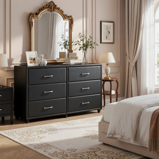 Sunvega Black Faux Leather Nightstand with Two Drawers and Silver Bar Pulls